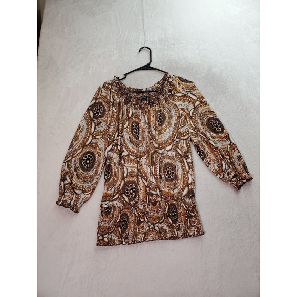 Essentials by Milano Blouse Top Womens Large Multi Geo Print Long Sleeve Pleated - Picture 1 of 8
